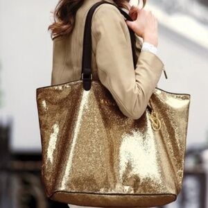 Victoria's Secret VS Gold Shimmer Glitter Oversized Shoulder Tote Bag Purse